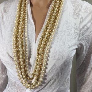 Vintage 5 Strand Gold Chain and Pearl Statement Necklace